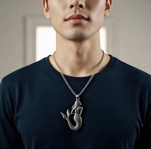 Silver Tone Mermaid Pendant Necklace Ocean Beach Jewelry 27 Inch VG